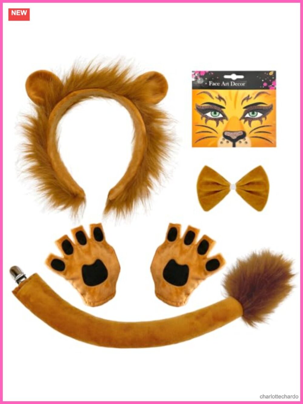 Adult Lion Costume Set Plush Faux Fur Mane Headband Tail Paw Gloves Halloween